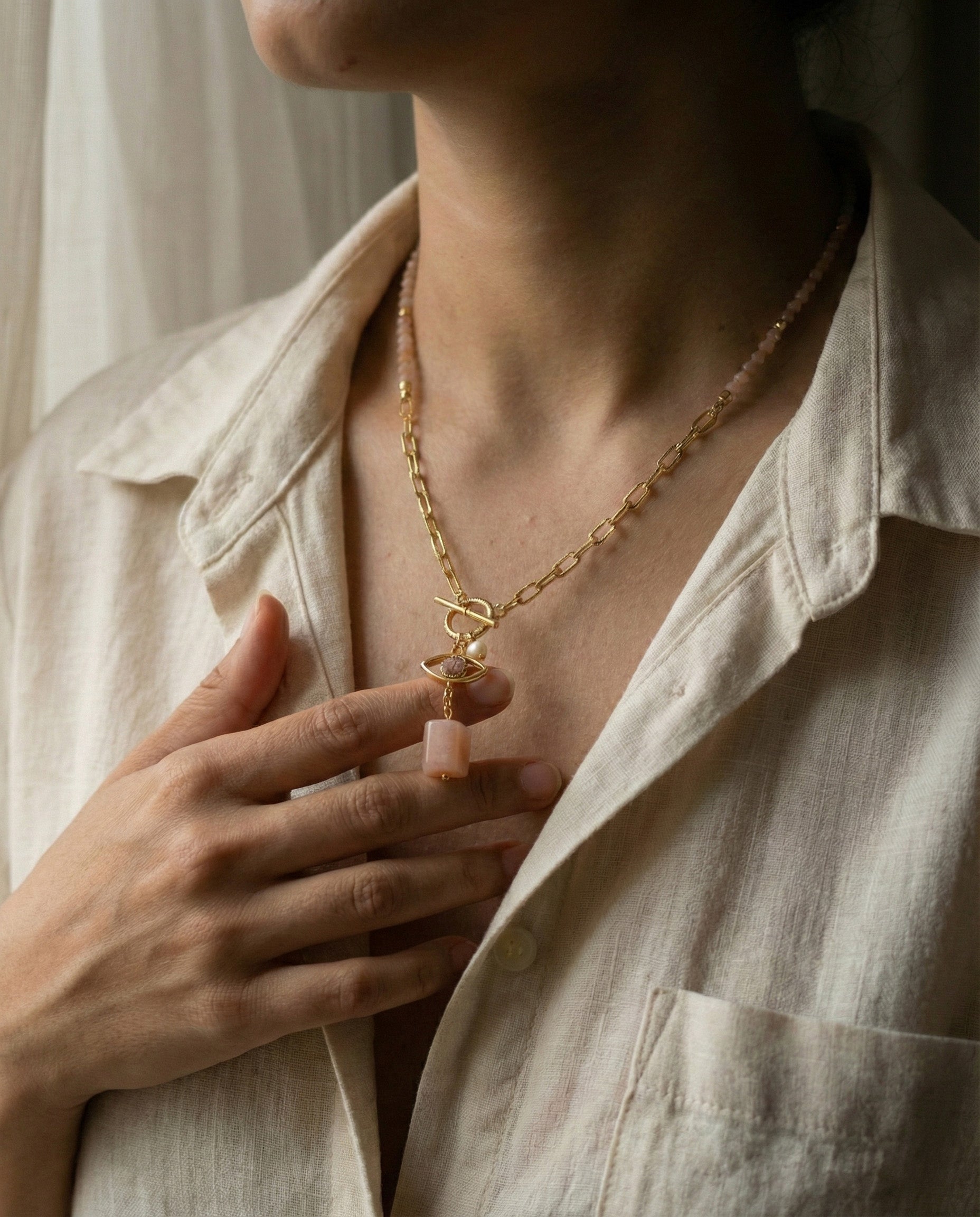 Peach Moonstone Evil Eye Necklace