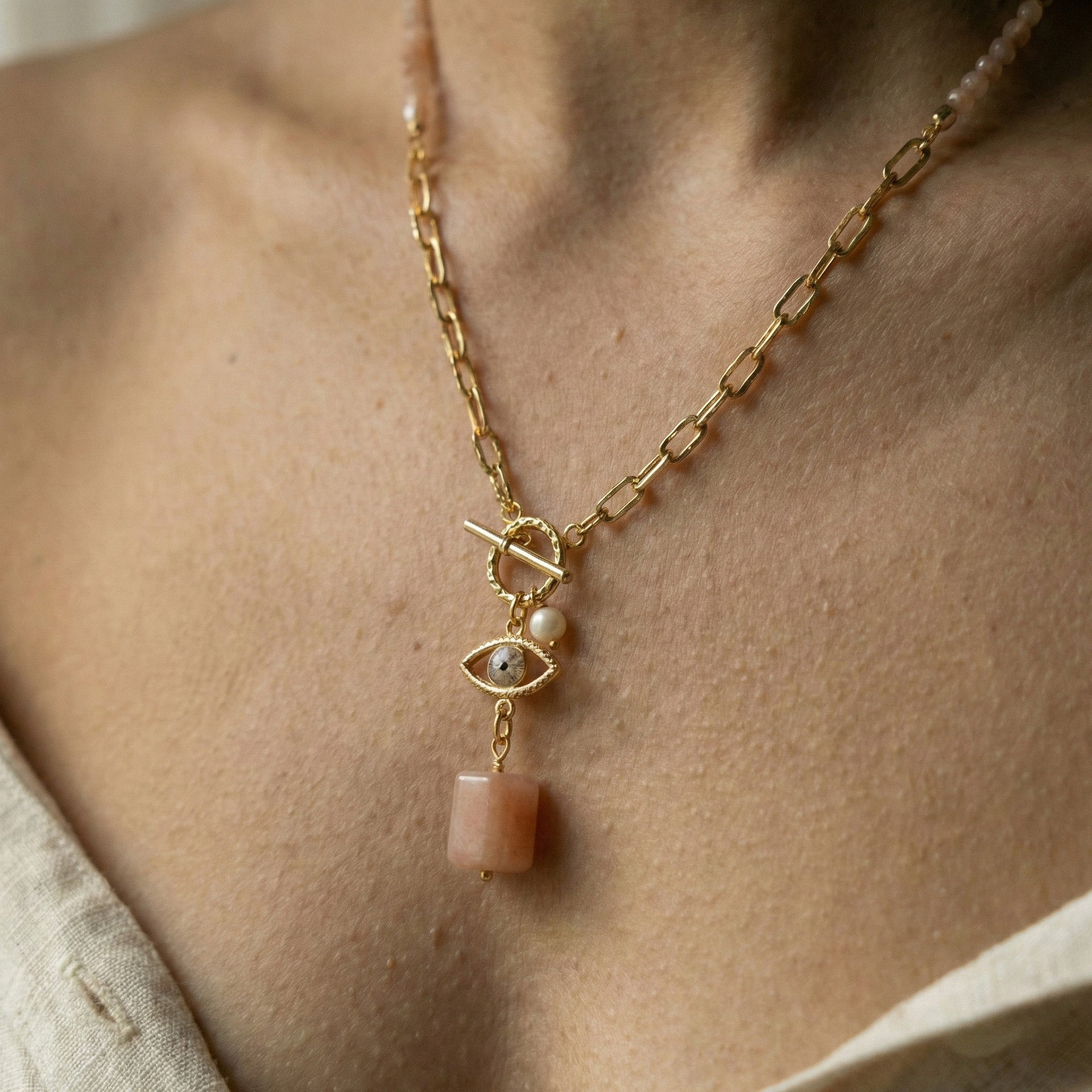 Peach Moonstone Evil Eye Necklace