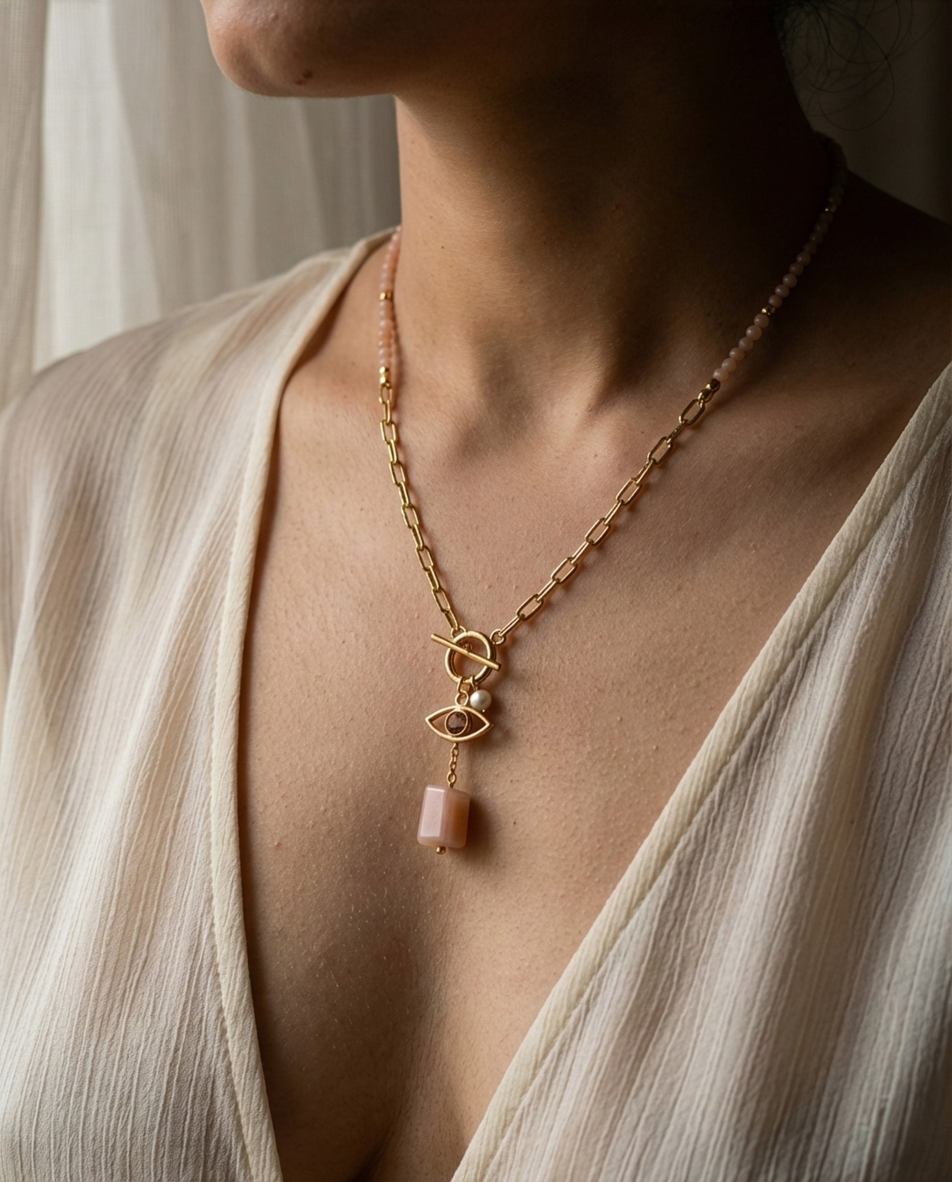 Peach Moonstone Evil Eye Necklace