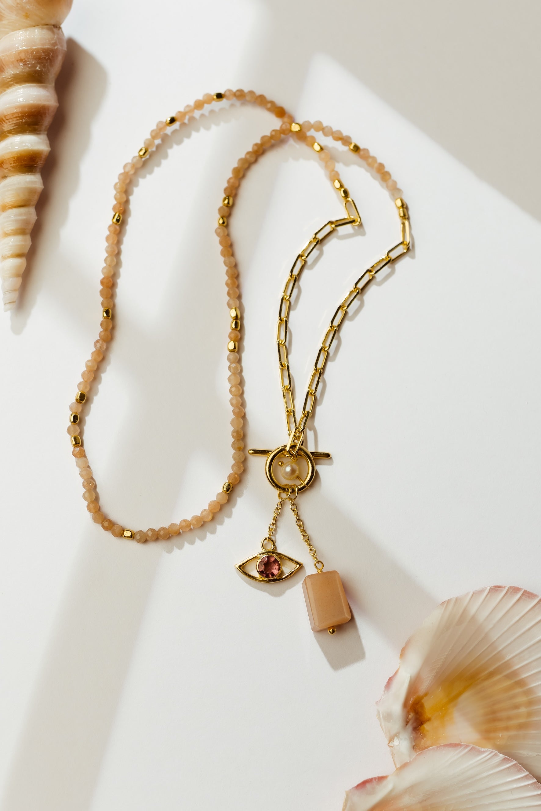 Peach Moonstone Evil Eye Necklace