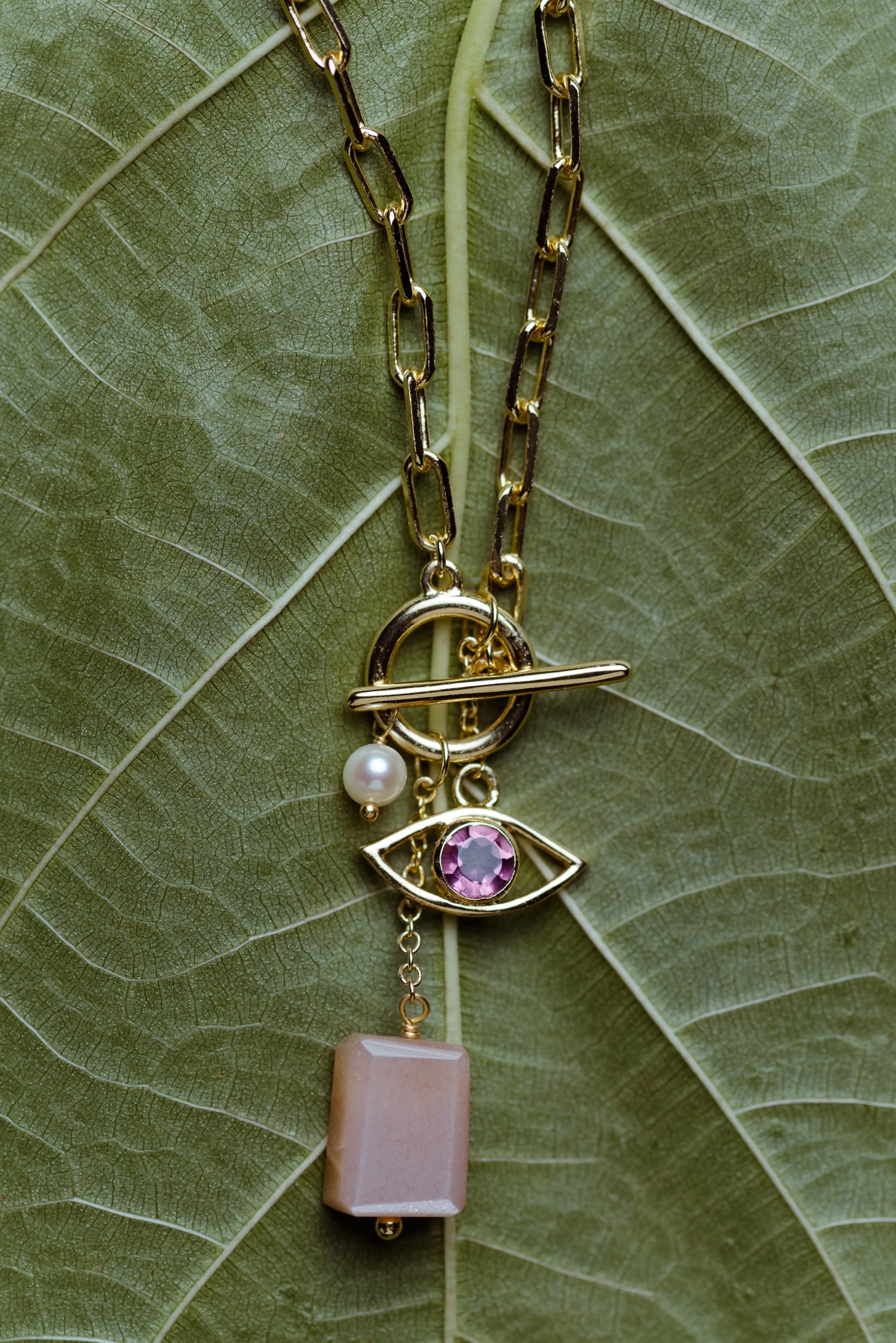 Peach Moonstone Evil Eye Necklace