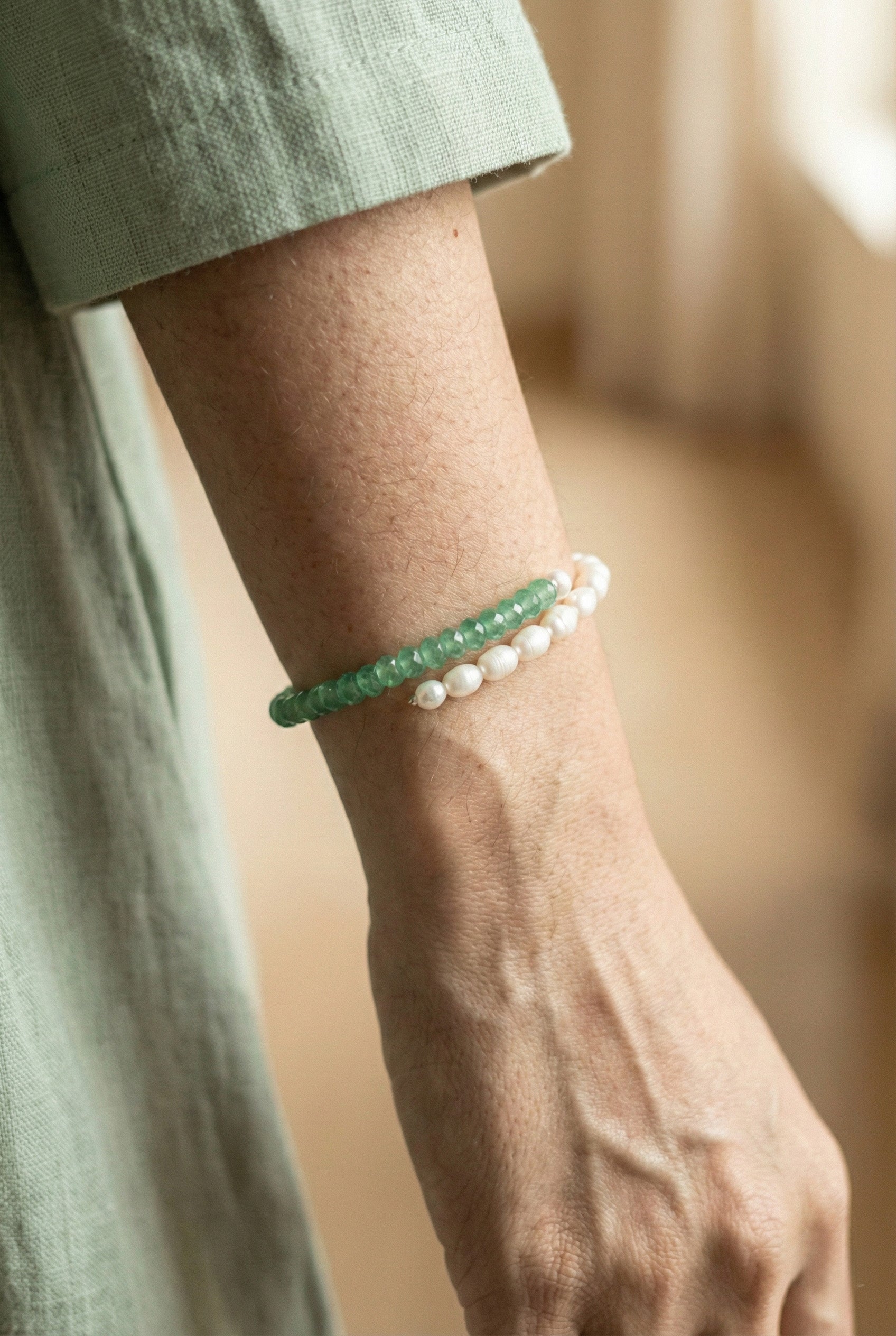 Korean Green Aventurine and Pearl Bracelet: The Meadow