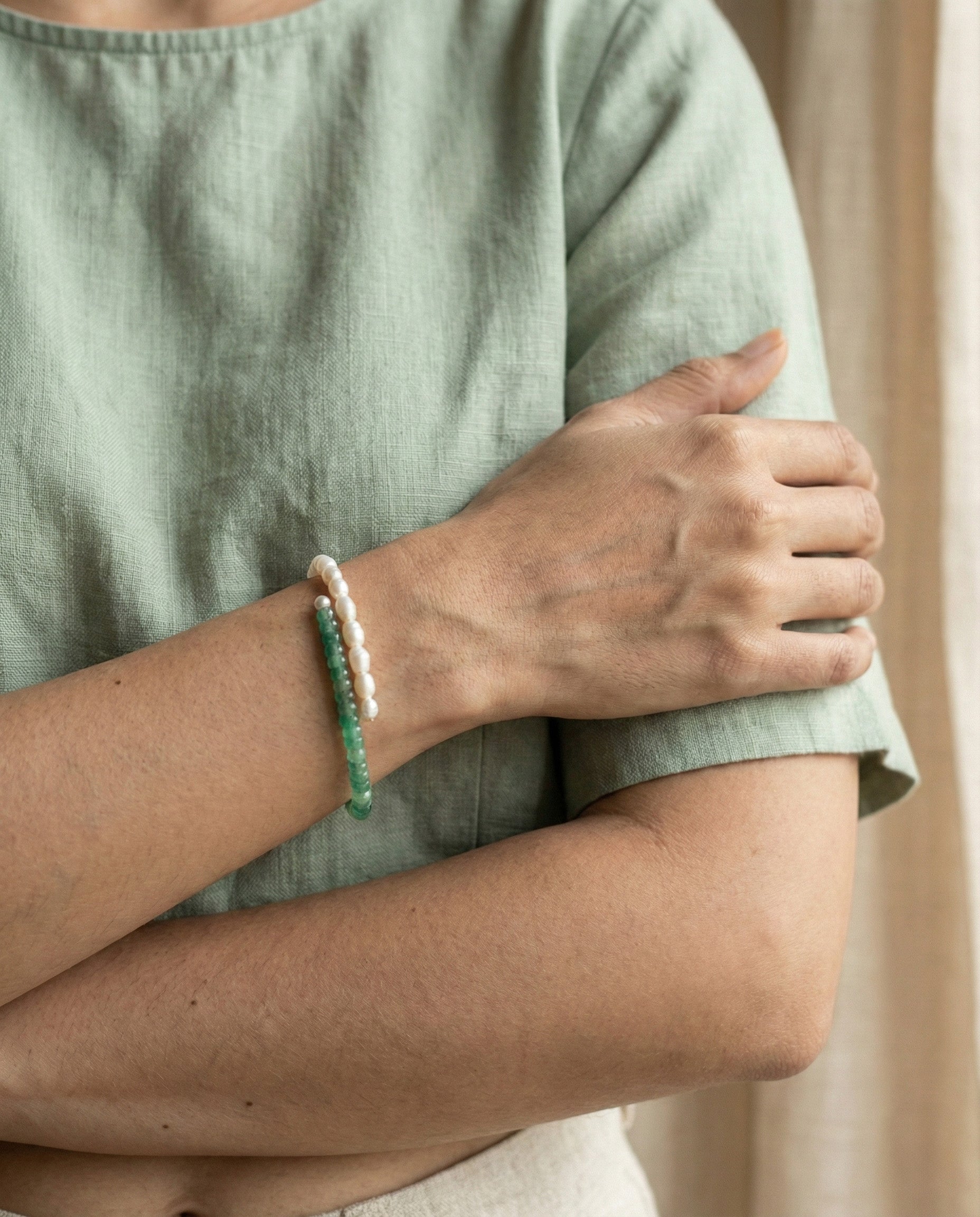 Korean Green Aventurine and Pearl Bracelet: The Meadow