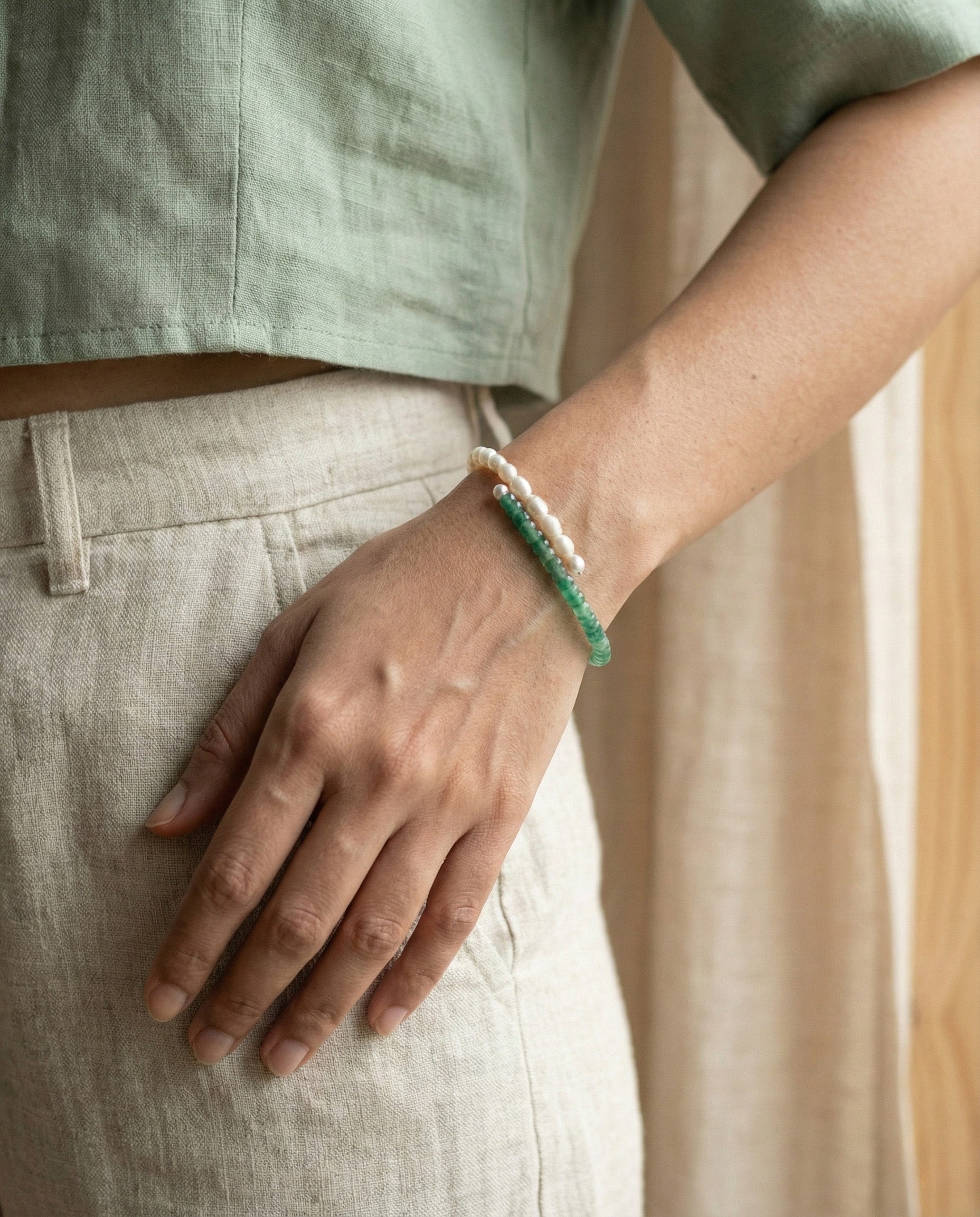 Korean Green Aventurine and Pearl Bracelet: The Meadow